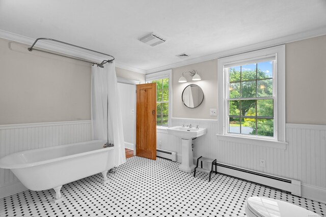 109 Boston Post Rd, Madison, CT 06443 - full bath with a baseboard radiator, a wainscoted wall, and ornamental molding