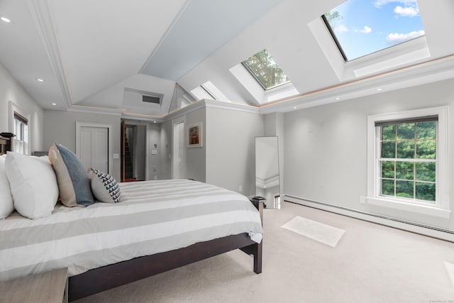 109 Boston Post Rd, Madison, CT 06443 - carpeted bedroom with a skylight, a baseboard heating unit, and lofted ceiling