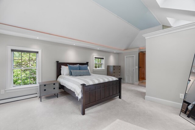 109 Boston Post Rd, Madison, CT 06443 - bedroom featuring lofted ceiling, a skylight, light colored carpet, a baseboard heating unit, and recessed lighting