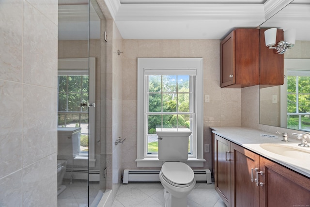 109 Boston Post Rd, Madison, CT 06443 - bathroom with a baseboard radiator, a baseboard heating unit, vanity, tile walls, and tile patterned flooring