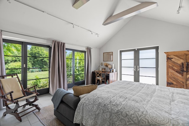 109 Boston Post Rd, Madison, CT 06443 - bedroom featuring track lighting, french doors, light tile patterned floors, high vaulted ceiling, and beamed ceiling