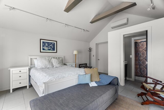 109 Boston Post Rd, Madison, CT 06443 - bedroom with track lighting, a wall mounted AC, and light tile patterned floors