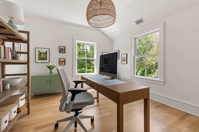 289 Wahackme Rd, New Canaan, CT 06840 - home office featuring plenty of natural light, light wood-style flooring, vaulted ceiling, and crown molding