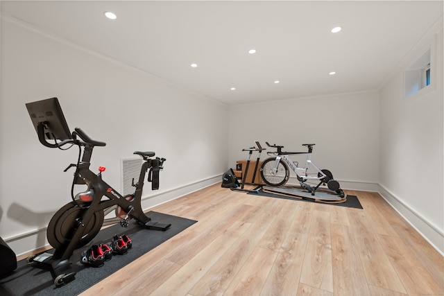 289 Wahackme Rd, New Canaan, CT 06840 - exercise area featuring wood finished floors, ornamental molding, and recessed lighting