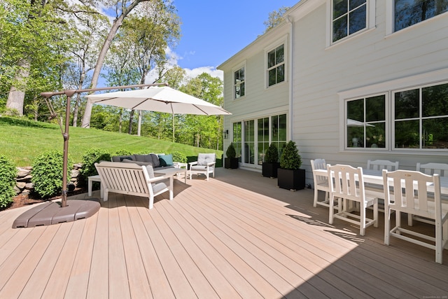 289 Wahackme Rd, New Canaan, CT 06840 - wooden deck featuring an outdoor hangout area, a yard, and outdoor dining space