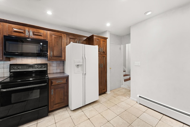 170 Southern Blvd, Danbury, CT 06810 - kitchen with black appliances, a baseboard heating unit, backsplash, dark countertops, and recessed lighting