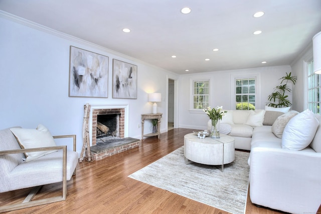 29 Bradley Rd, Weston, CT 06883 - living room with ornamental molding, recessed lighting, wood finished floors, and a fireplace