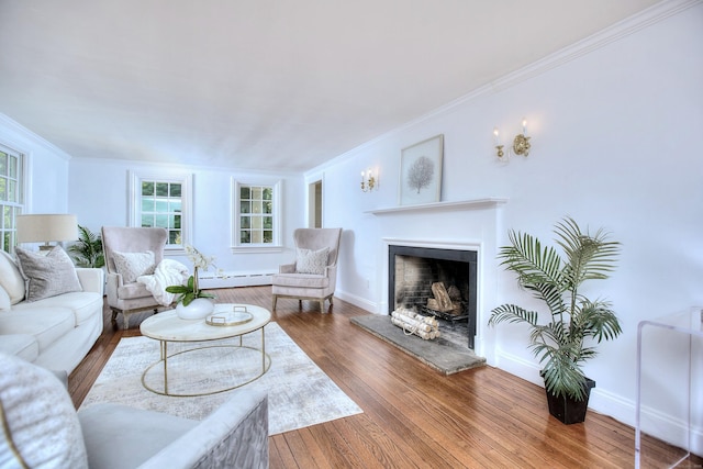 29 Bradley Rd, Weston, CT 06883 - living room with a baseboard heating unit, ornamental molding, a fireplace with raised hearth, and wood finished floors