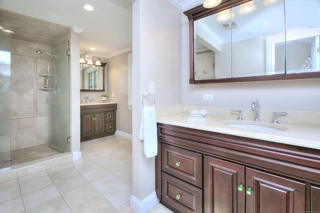29 Bradley Rd, Weston, CT 06883 - full bath featuring crown molding, a shower stall, vanity, tile patterned floors, and recessed lighting