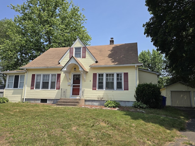 48 Scott St, East Hartford, CT 06118 - view of front of home with a chimney, a garage, a front lawn, an outbuilding, and roof with shingles