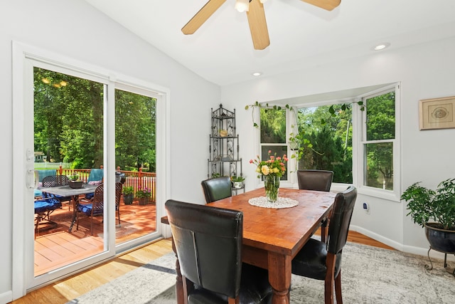 11 Old Kings Hwy, New Canaan, CT 06840 - dining area featuring ceiling fan, light wood-style floors, vaulted ceiling, and recessed lighting