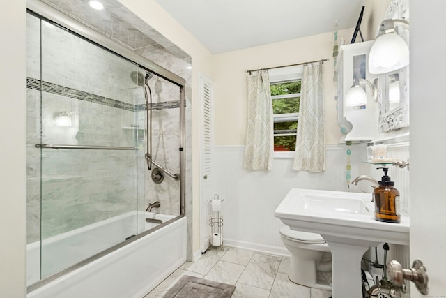 11 Old Kings Hwy, New Canaan, CT 06840 - bathroom featuring shower / bath combination with glass door and marble look tile flooring