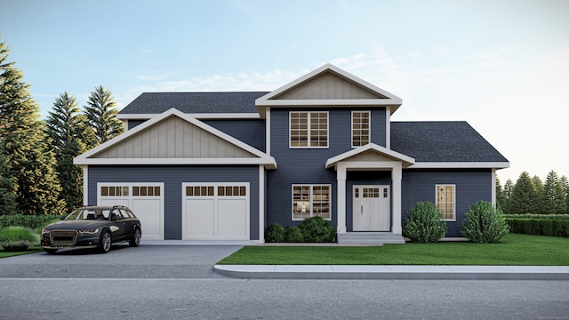 180 Bee St, Meriden, CT 06450 - view of front facade featuring concrete driveway, an attached garage, a front yard, board and batten siding, and a shingled roof