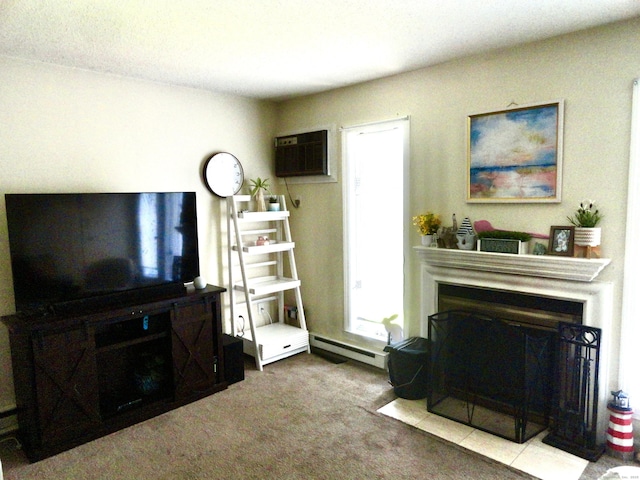 1275 Winsted Rd Unit 101, Torrington, CT 06790 - carpeted living room featuring a fireplace with flush hearth, a baseboard heating unit, and a wall unit AC