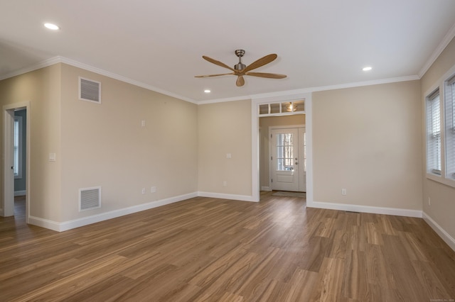 40 Allyn St, Groton, CT 06355 - empty room with a ceiling fan, wood finished floors, recessed lighting, and crown molding