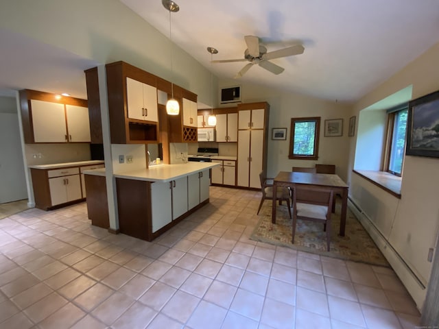 31 Weiss Rd, Haddam, CT 06438 - kitchen featuring lofted ceiling, white microwave, ceiling fan, electric range, and light countertops