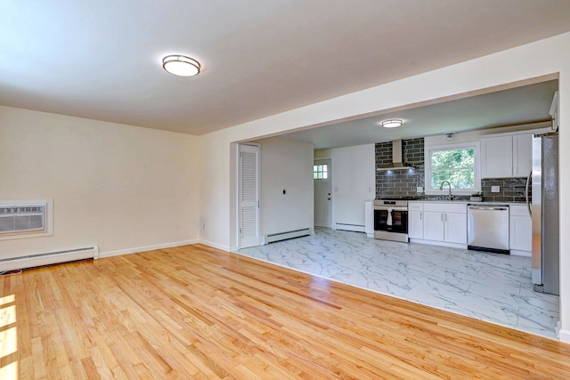 6 Overbrook Dr, East Hartford, CT 06118 - unfurnished living room featuring baseboard heating, a baseboard radiator, an AC wall unit, and light marble finish flooring