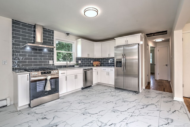 6 Overbrook Dr, East Hartford, CT 06118 - kitchen with stainless steel appliances, wall chimney range hood, light marble finish flooring, and decorative backsplash