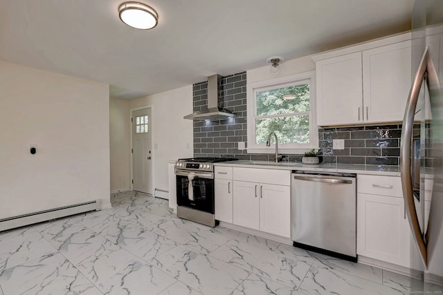 6 Overbrook Dr, East Hartford, CT 06118 - kitchen with stainless steel appliances, wall chimney range hood, backsplash, light marble finish flooring, and white cabinetry