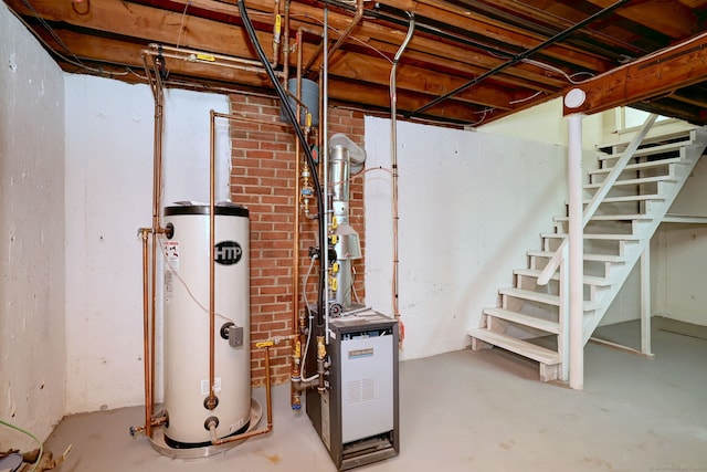 6 Overbrook Dr, East Hartford, CT 06118 - unfinished basement with gas water heater, stairway, and a heating unit