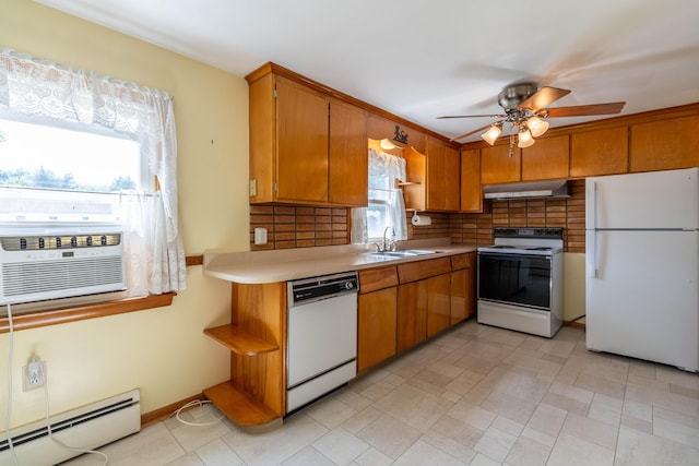 39 George Rd, Windsor Locks, CT 06096 - kitchen with white appliances, under cabinet range hood, a baseboard heating unit, light countertops, and decorative backsplash