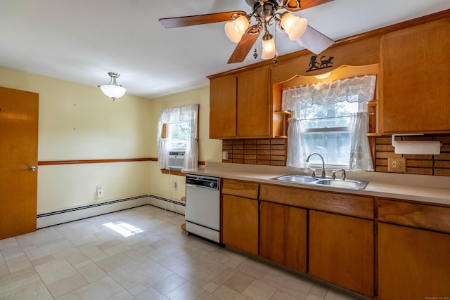 39 George Rd, Windsor Locks, CT 06096 - kitchen with dishwasher, a baseboard heating unit, light countertops, a ceiling fan, and brown cabinets