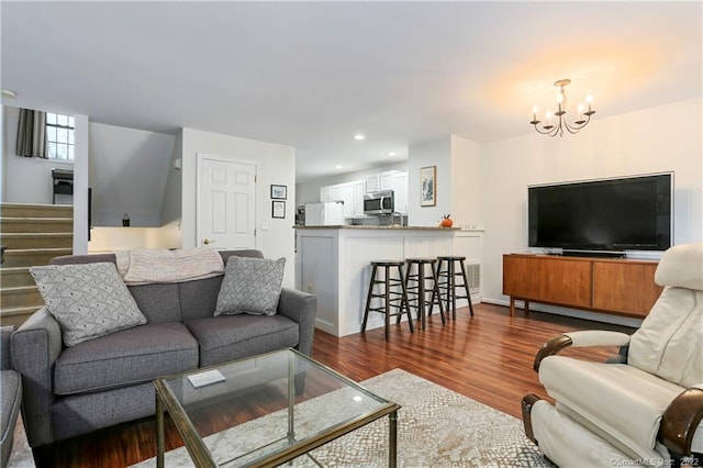1802 Larson Dr Unit 1802, Danbury, CT 06810 - living area featuring a chandelier, dark wood finished floors, stairway, and recessed lighting