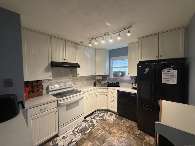 711 Twin Circle Dr Unit 711, South Windsor, CT 06074 - kitchen featuring black appliances, under cabinet range hood, light countertops, backsplash, and a textured ceiling