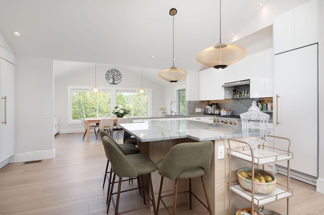 35 Emmons Ln, North Canaan, CT 06018 - kitchen featuring lofted ceiling, light wood-style flooring, white cabinetry, modern cabinets, and a center island