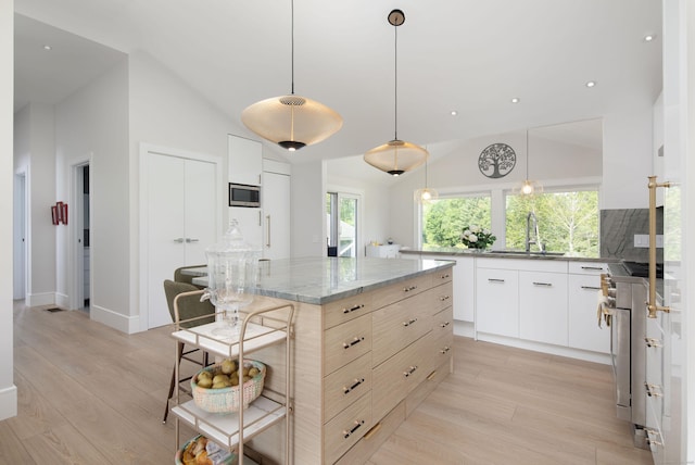 35 Emmons Ln, North Canaan, CT 06018 - kitchen with a breakfast bar, light wood-type flooring, modern cabinets, light stone countertops, and white cabinetry