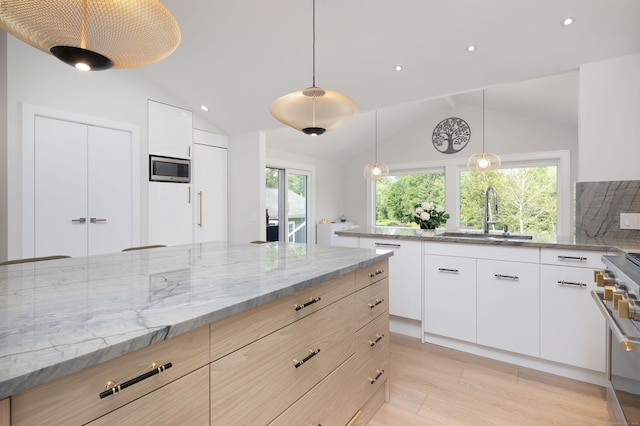 35 Emmons Ln, North Canaan, CT 06018 - kitchen featuring vaulted ceiling, light wood finished floors, light stone countertops, stainless steel appliances, and pendant lighting