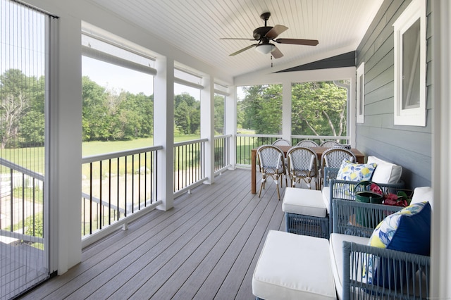 35 Emmons Ln, North Canaan, CT 06018 - wooden deck with ceiling fan, outdoor dining space, and view of wooded area