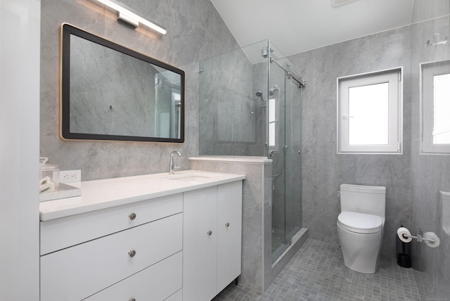 35 Emmons Ln, North Canaan, CT 06018 - bathroom featuring tile walls, vanity, tile patterned flooring, and a shower stall