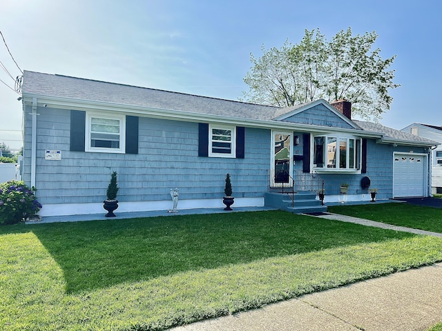 65 Patchen St, Stratford, CT 06615 - ranch-style house with a chimney, a garage, a front lawn, a shingled roof, and driveway