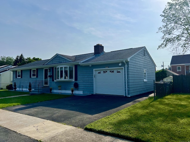 65 Patchen St, Stratford, CT 06615 - ranch-style home with a chimney, a garage, asphalt driveway, and a shingled roof