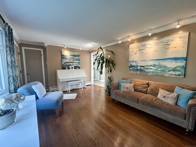 65 Patchen St, Stratford, CT 06615 - living room with crown molding, track lighting, wood finished floors, and a baseboard heating unit