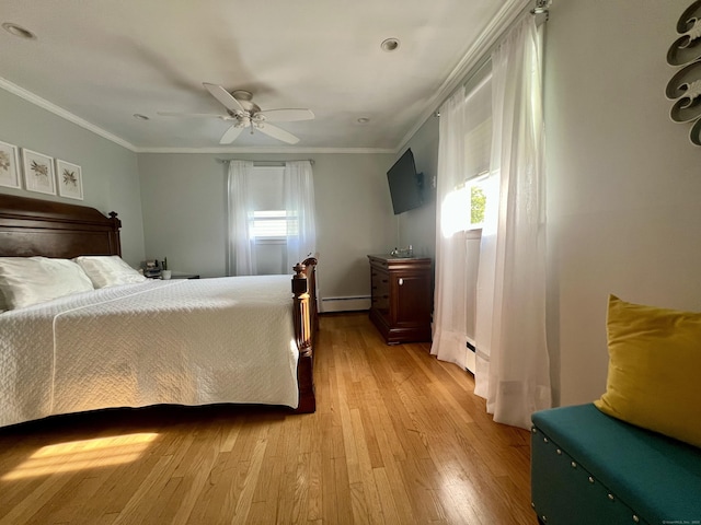 65 Patchen St, Stratford, CT 06615 - bedroom with baseboard heating, ornamental molding, light wood finished floors, and a ceiling fan