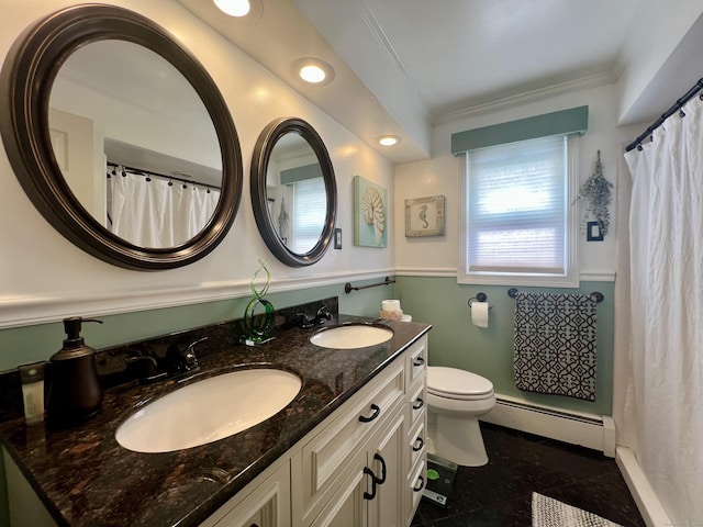 65 Patchen St, Stratford, CT 06615 - bathroom with baseboard heating, double vanity, ornamental molding, granite floors, and a shower with curtain