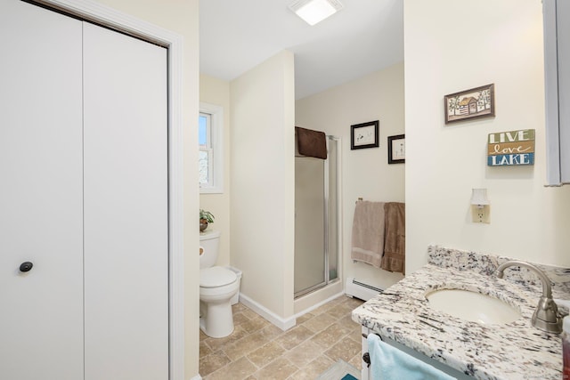138 S Shore Rd, Killingly, CT 06241 - bathroom featuring baseboard heating, vanity, a shower stall, and stone finish floors