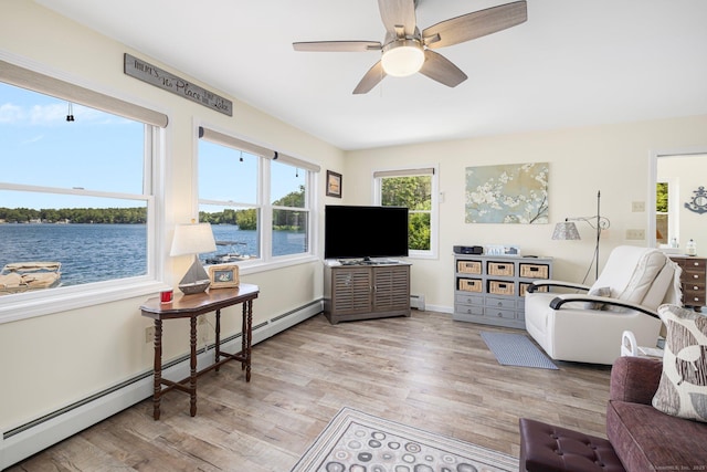 138 S Shore Rd, Killingly, CT 06241 - living area with a baseboard heating unit, light wood-style floors, and a ceiling fan