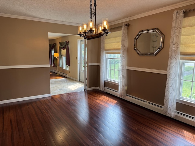 16 Snow Rdg S, Middletown, CT 06457 - unfurnished dining area with a chandelier, baseboard heating, wood finished floors, a textured ceiling, and ornamental molding