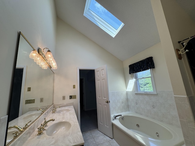 16 Snow Rdg S, Middletown, CT 06457 - bathroom with tile patterned floors, double vanity, a skylight, a tub with jets, and high vaulted ceiling