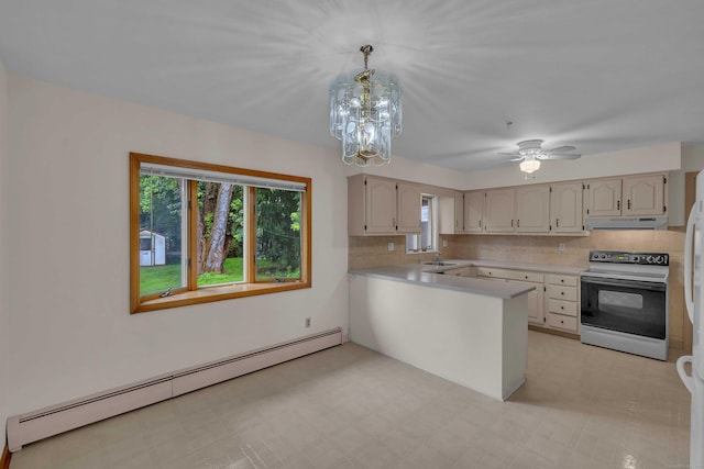 108 Sandelwood Dr, Madison, CT 06443 - kitchen featuring electric stove, a baseboard heating unit, under cabinet range hood, light countertops, and backsplash