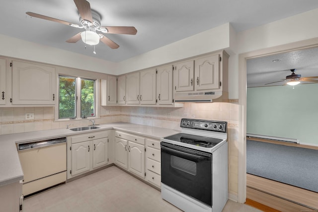 108 Sandelwood Dr, Madison, CT 06443 - kitchen featuring electric range, dishwasher, ceiling fan, under cabinet range hood, and baseboard heating