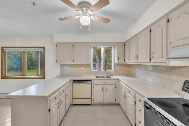108 Sandelwood Dr, Madison, CT 06443 - kitchen with white appliances, a peninsula, healthy amount of natural light, and decorative backsplash