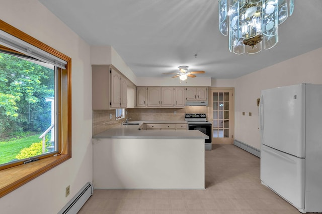 108 Sandelwood Dr, Madison, CT 06443 - kitchen with freestanding refrigerator, electric stove, under cabinet range hood, a baseboard radiator, and light countertops