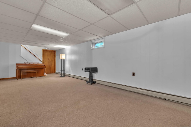 108 Sandelwood Dr, Madison, CT 06443 - below grade area featuring carpet floors, baseboard heating, and a drop ceiling