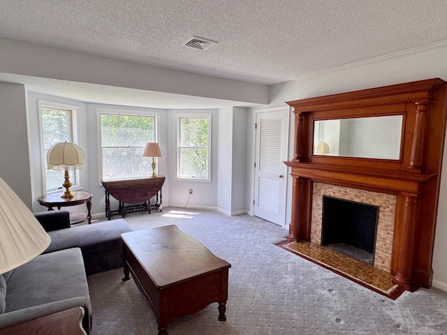 68 Wilson Ave Apt 103, Torrington, CT 06790 - living area with carpet floors, a fireplace, and a textured ceiling