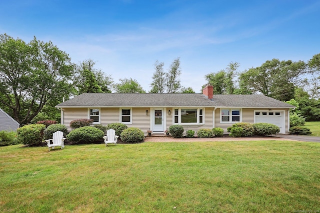 82 Shipman Dr, Glastonbury, CT 06033 - ranch-style house featuring a garage, asphalt driveway, a front lawn, and a chimney