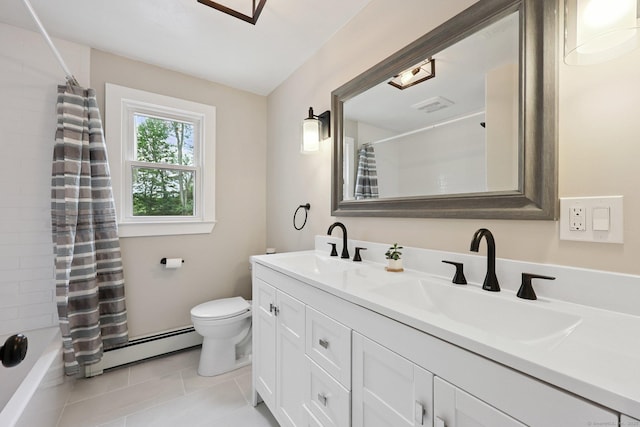 82 Shipman Dr, Glastonbury, CT 06033 - full bathroom with a baseboard radiator, double vanity, tile patterned floors, and shower / tub combo